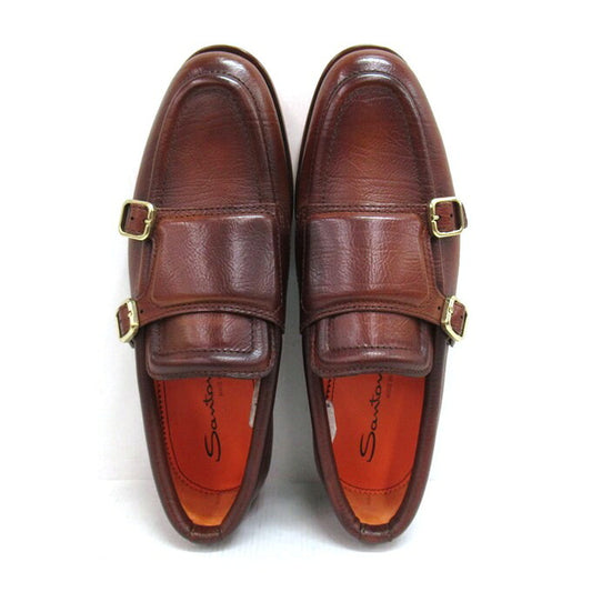 Santoni Double Monk Leather Shoes Brown Size UK
