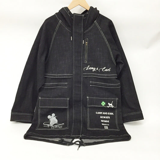 LIN( Embroidered Denim Long Jacket Black Free Size