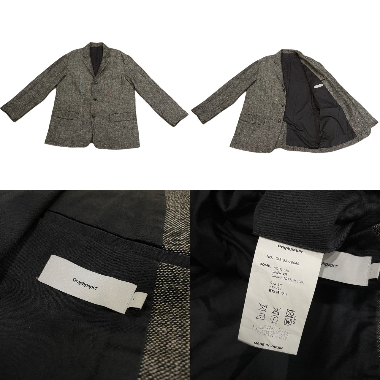 Graphpaper 19AW Wool Linen Tweed Blazer Gray Size 1