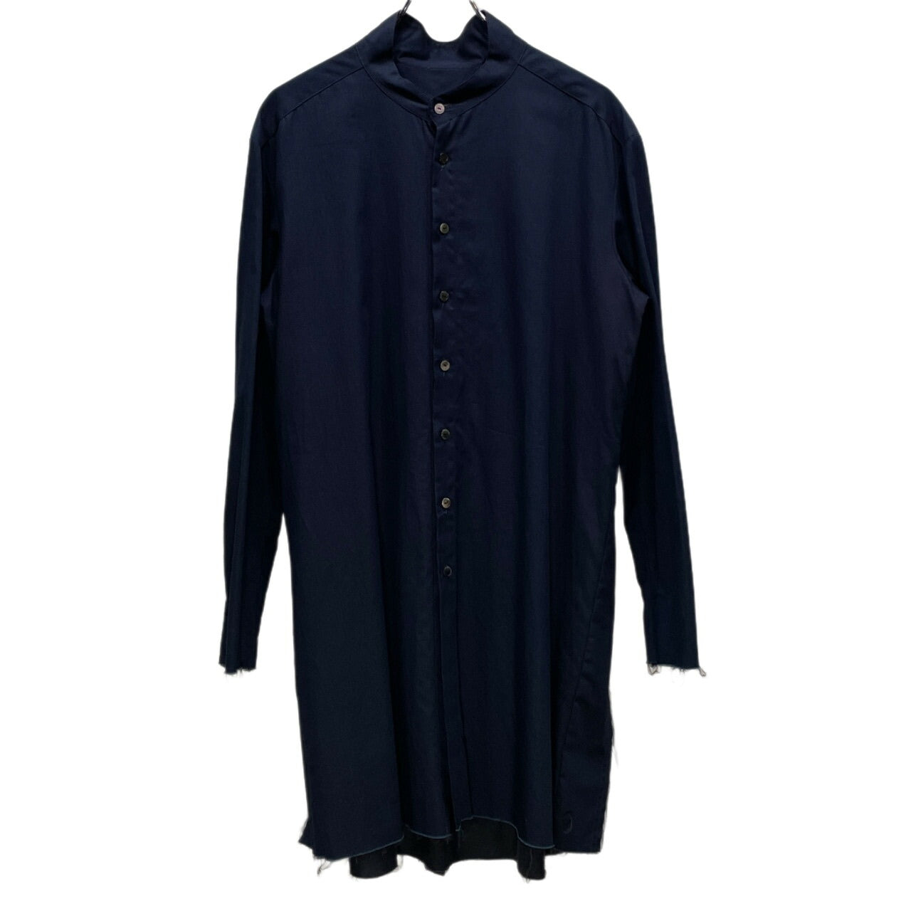 MELTISAN Cotton Gabardine Band Collar Long Shirt Navy Size L
