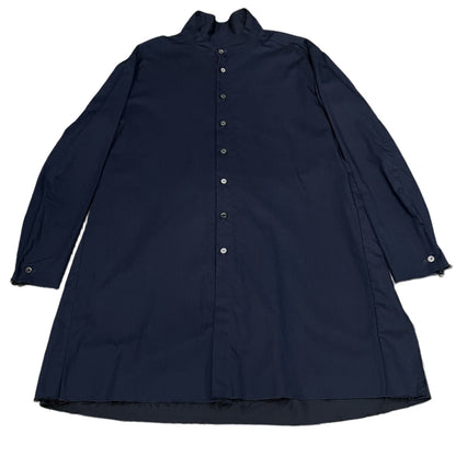 MELTISAN Cotton Gabardine Band Collar Long Shirt Navy Size L