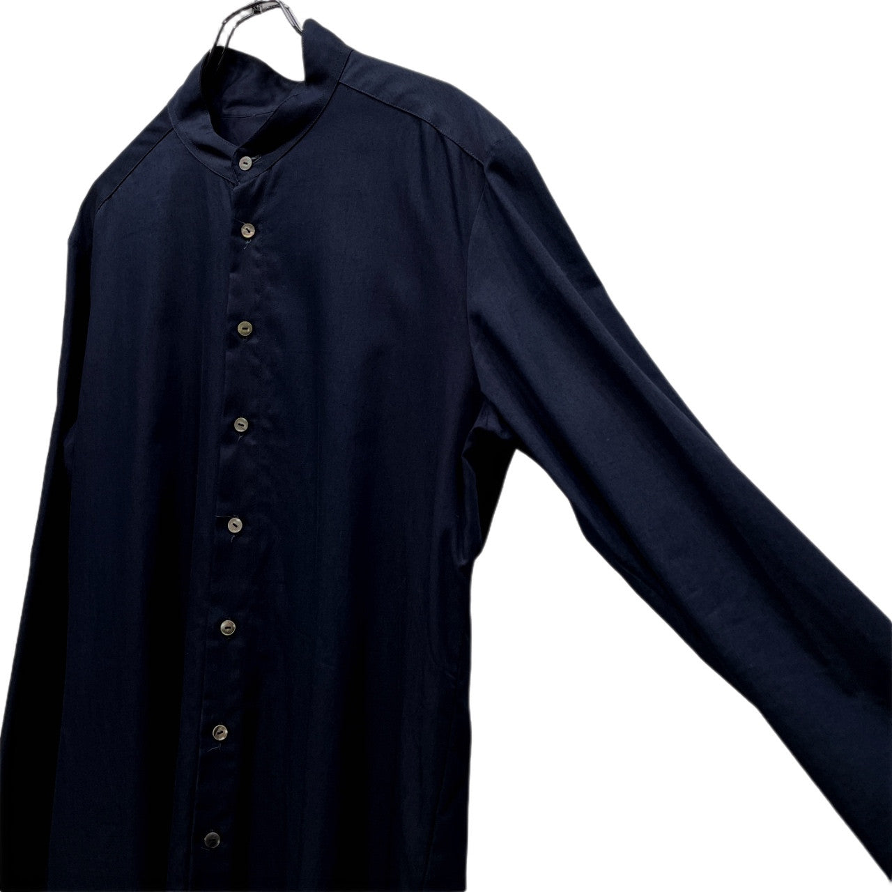 MELTISAN Cotton Gabardine Band Collar Long Shirt Navy Size L