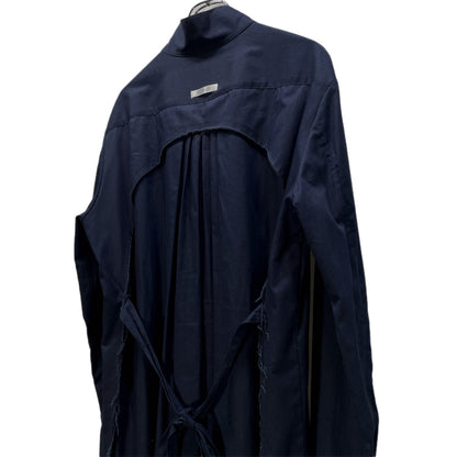 MELTISAN Cotton Gabardine Band Collar Long Shirt Navy Size L