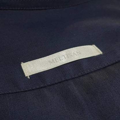 MELTISAN Cotton Gabardine Band Collar Long Shirt Navy Size L