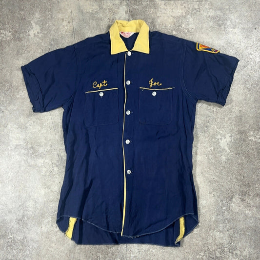 Del Roy 60s Vintage Chain Stitch Bowling Shirt Blue Size S