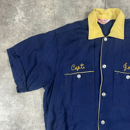 Del Roy 60s Vintage Chain Stitch Bowling Shirt Blue Size S