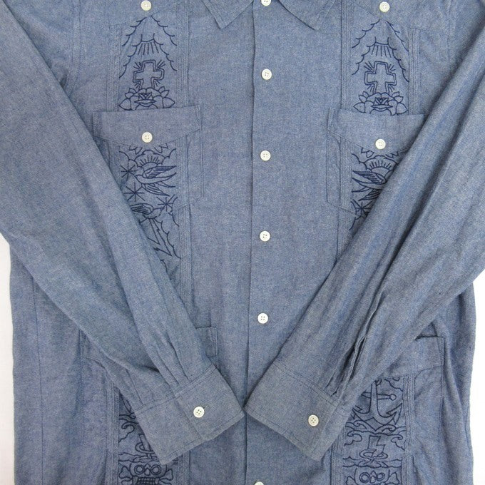 SOFT MACHINE Heaven Hell Long Sleeve Cuba Shirt Blue Size XL