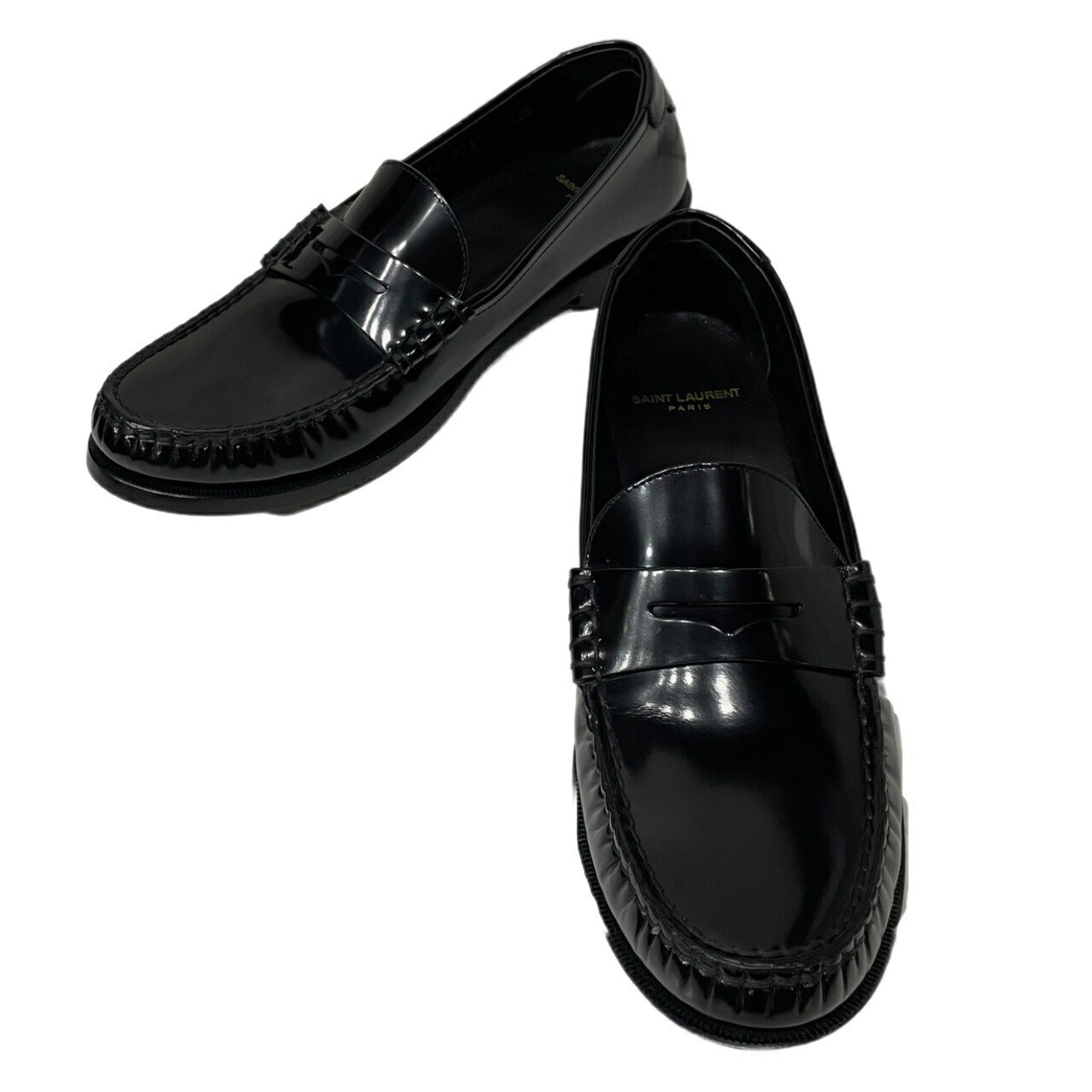 SAINT LAURENT Black Patent Leather Penny Loafers YSL Logo