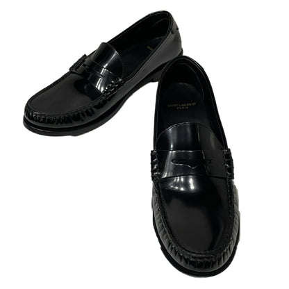 SAINT LAURENT Black Patent Leather Penny Loafers YSL Logo