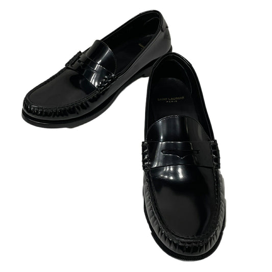SAINT LAURENT Black Patent Leather Penny Loafers YSL Logo