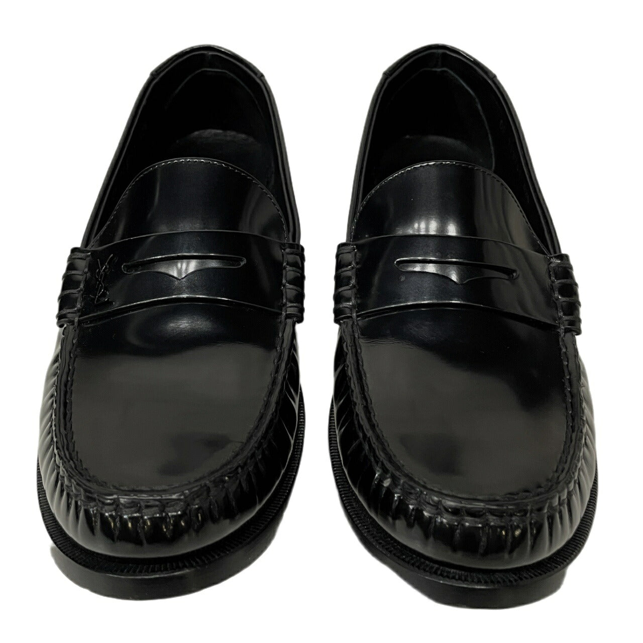 SAINT LAURENT Black Patent Leather Penny Loafers YSL Logo