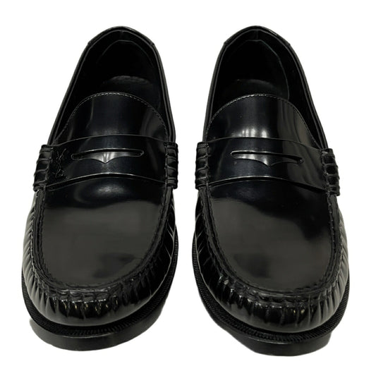 SAINT LAURENT Black Patent Leather Penny Loafers YSL Logo