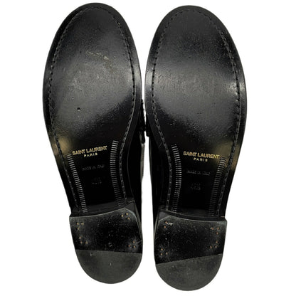 SAINT LAURENT Black Patent Leather Penny Loafers YSL Logo