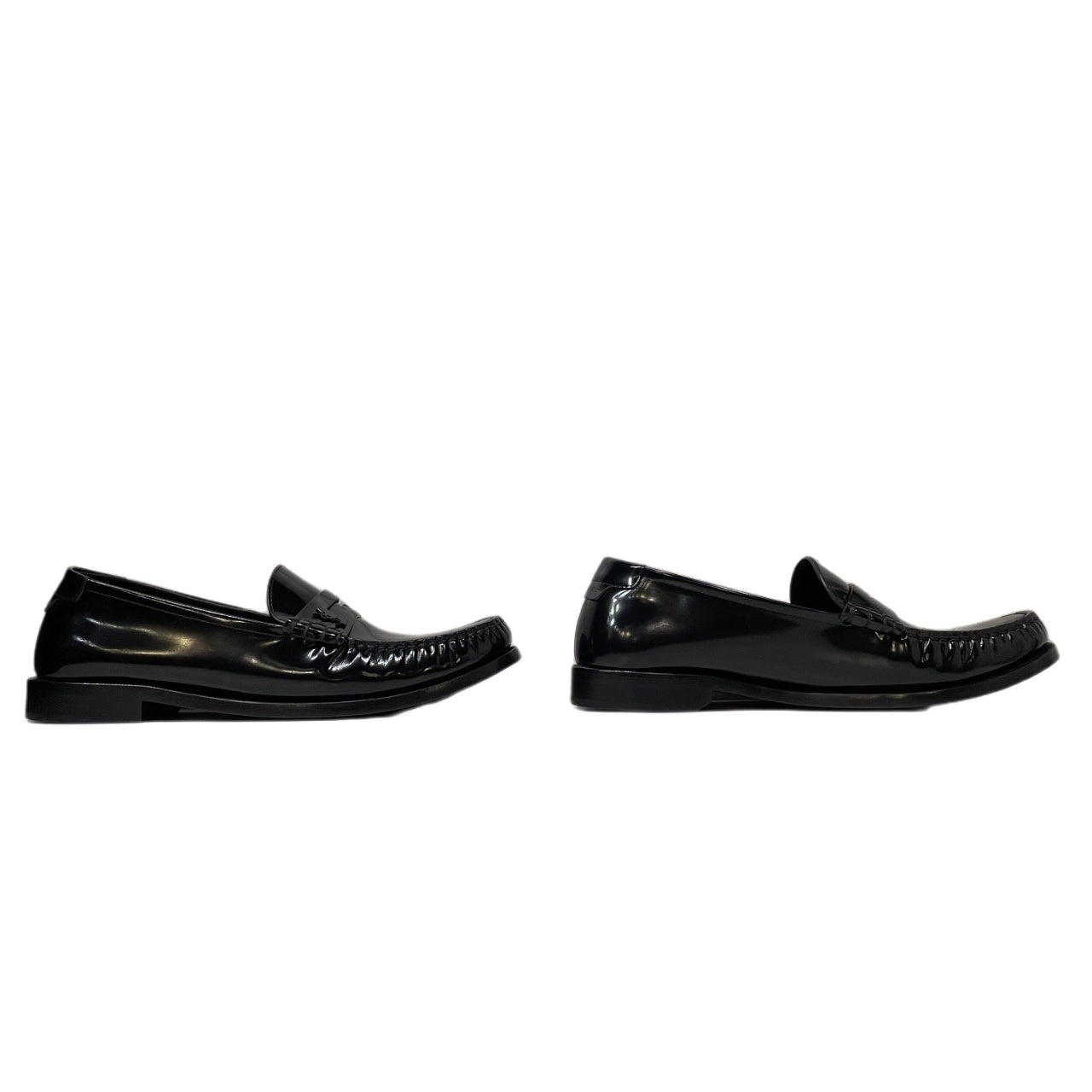 SAINT LAURENT Black Patent Leather Penny Loafers YSL Logo