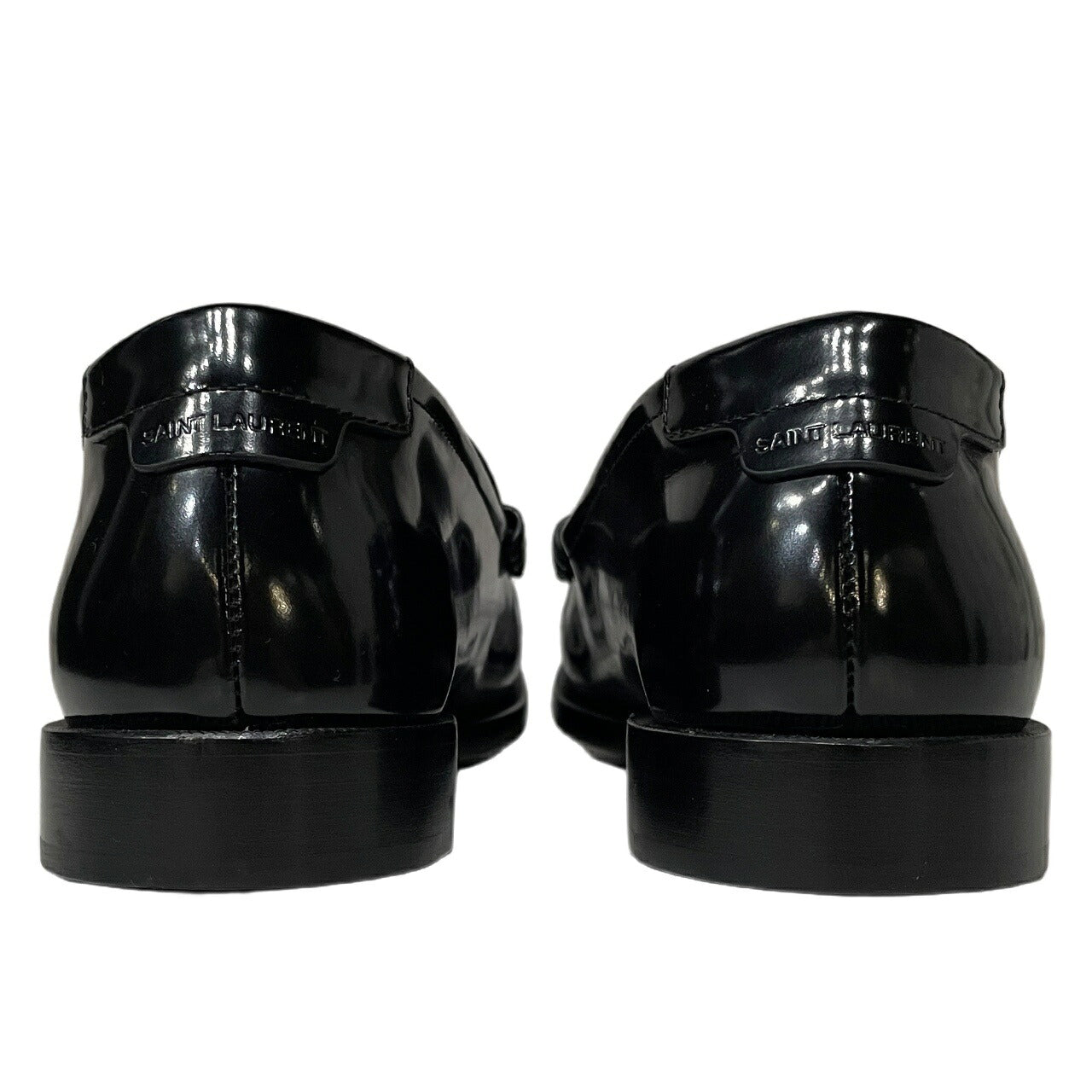 SAINT LAURENT Black Patent Leather Penny Loafers YSL Logo