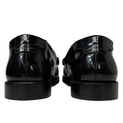 SAINT LAURENT Black Patent Leather Penny Loafers YSL Logo