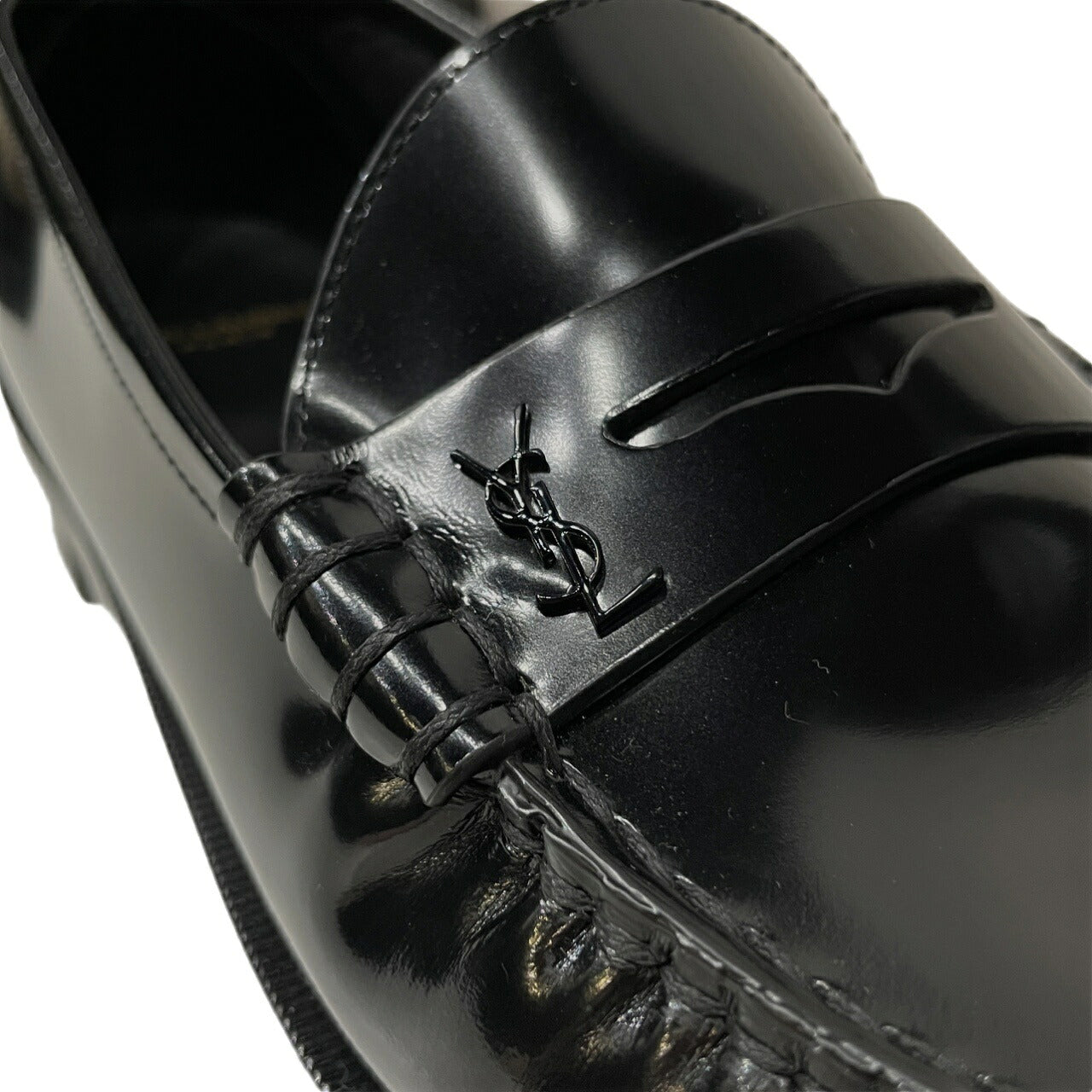 SAINT LAURENT Black Patent Leather Penny Loafers YSL Logo