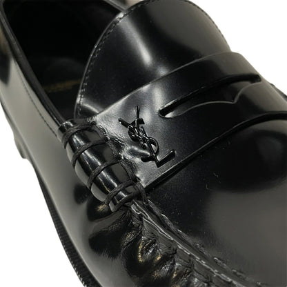 SAINT LAURENT Black Patent Leather Penny Loafers YSL Logo