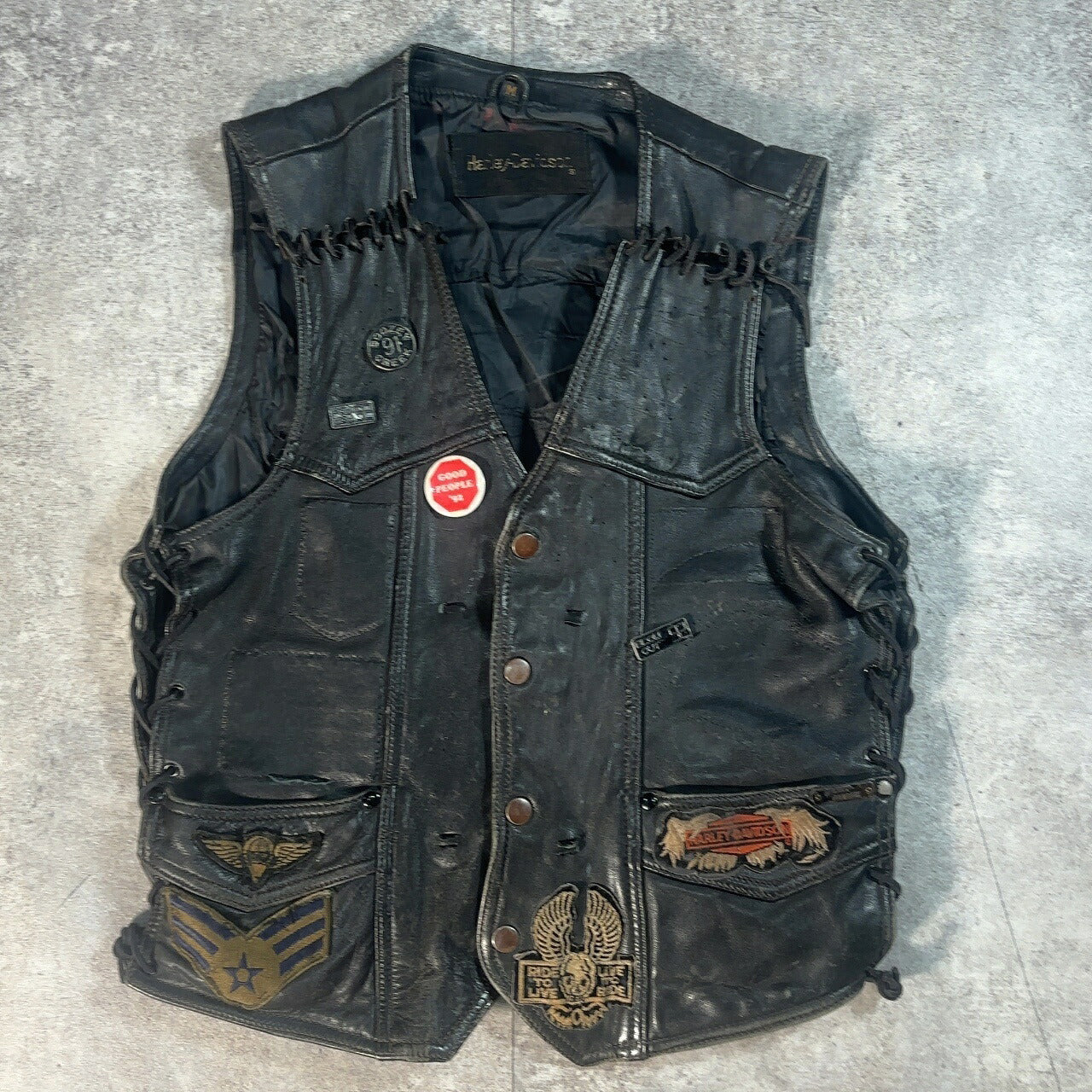 HARLEY DAVIDSON Vintage Biker Leather Vest Black Size M