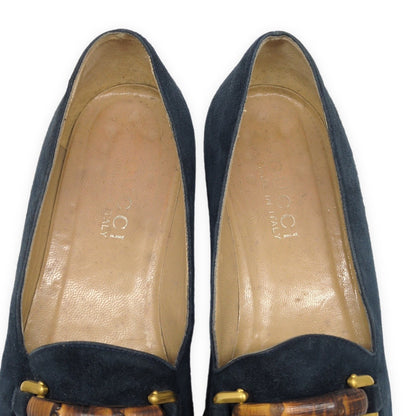 GUCCI Italian Suede Bamboo Bit Loafers Navy Size 37C