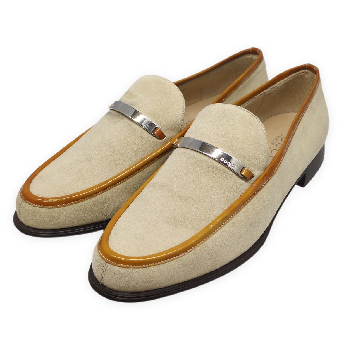GUCCI Beige Suede Leather Logo Plate Loafers Size 36.5