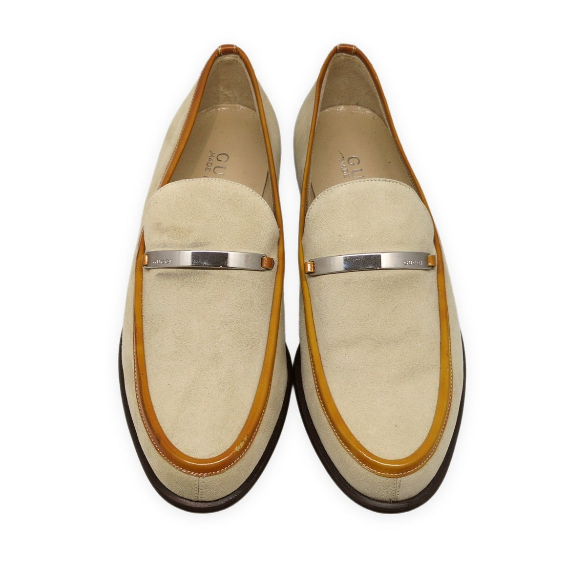 GUCCI Beige Suede Leather Logo Plate Loafers Size 36.5