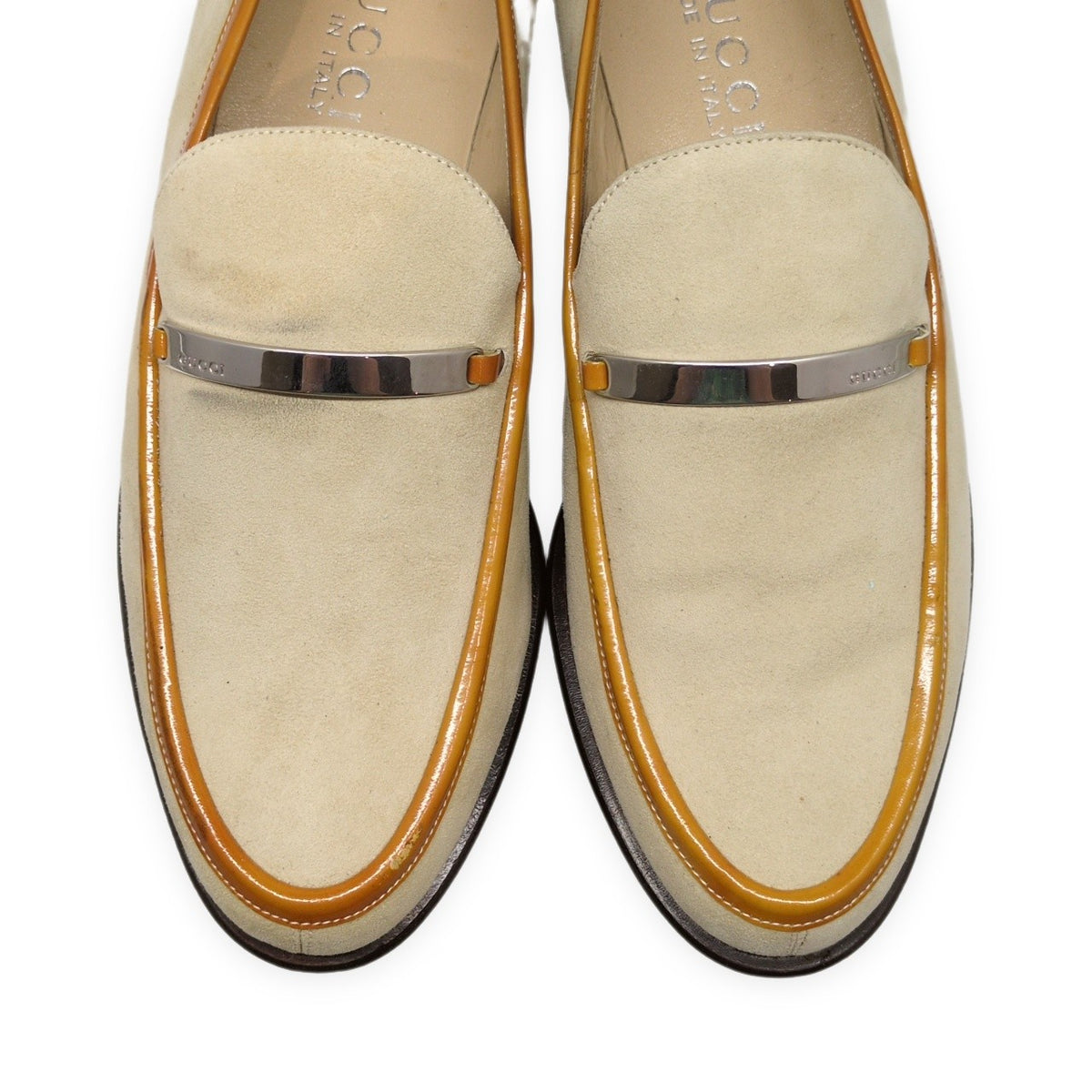 GUCCI Beige Suede Leather Logo Plate Loafers Size 36.5