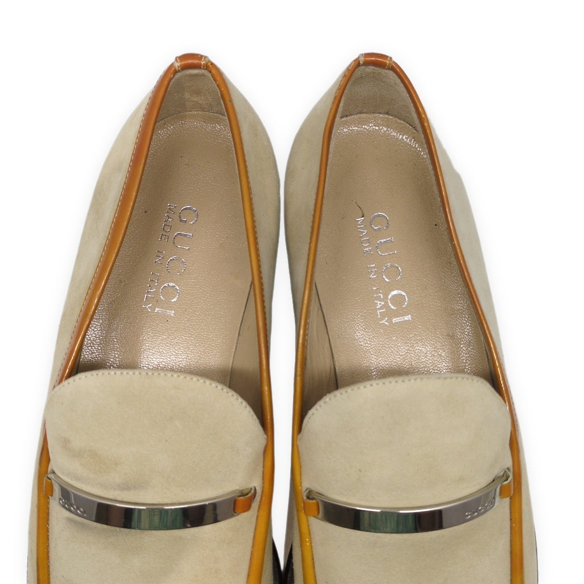 GUCCI Beige Suede Leather Logo Plate Loafers Size 36.5