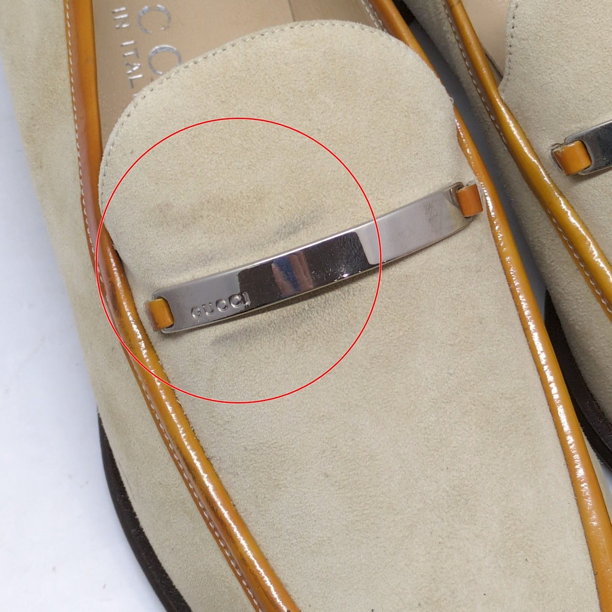 GUCCI Beige Suede Leather Logo Plate Loafers Size 36.5