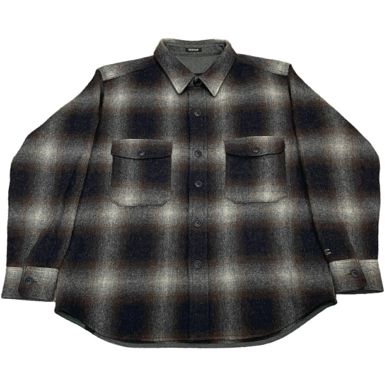 DENHAM Wool Blend Gradation Check CPO Jacket Brown Size L