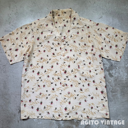 Unknown 50s Vintage Silk Hawaiian Japanese Pattern Shirt Size L
