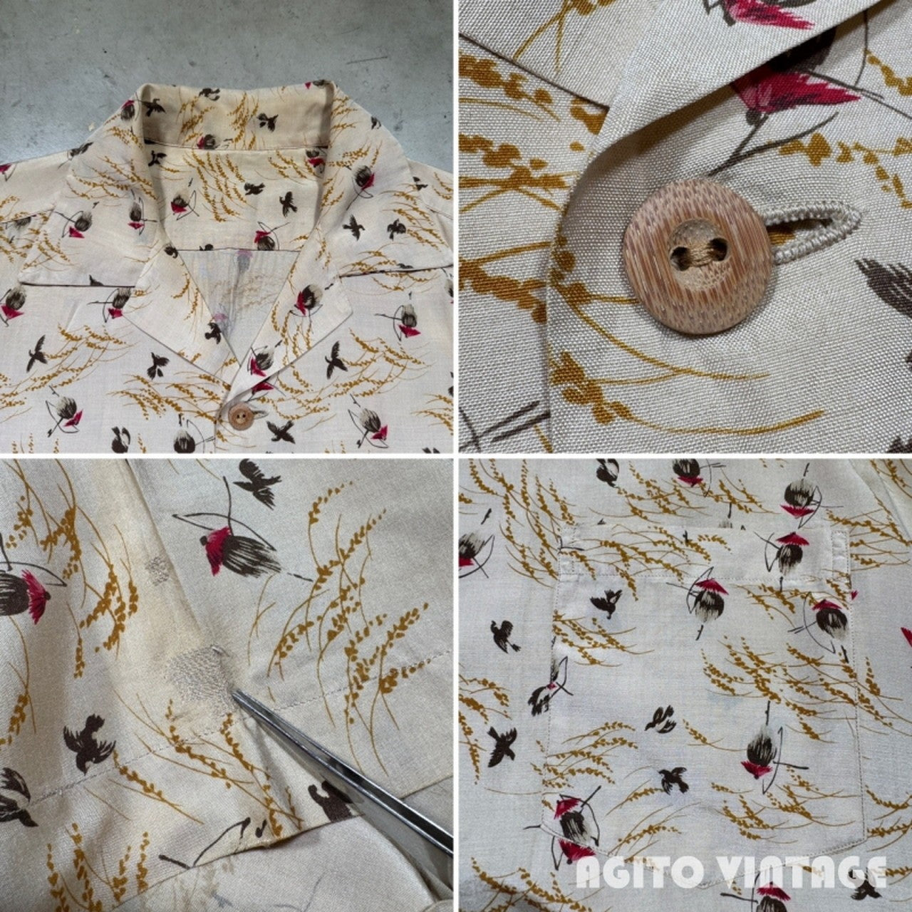 Unknown 50s Vintage Silk Hawaiian Japanese Pattern Shirt Size L