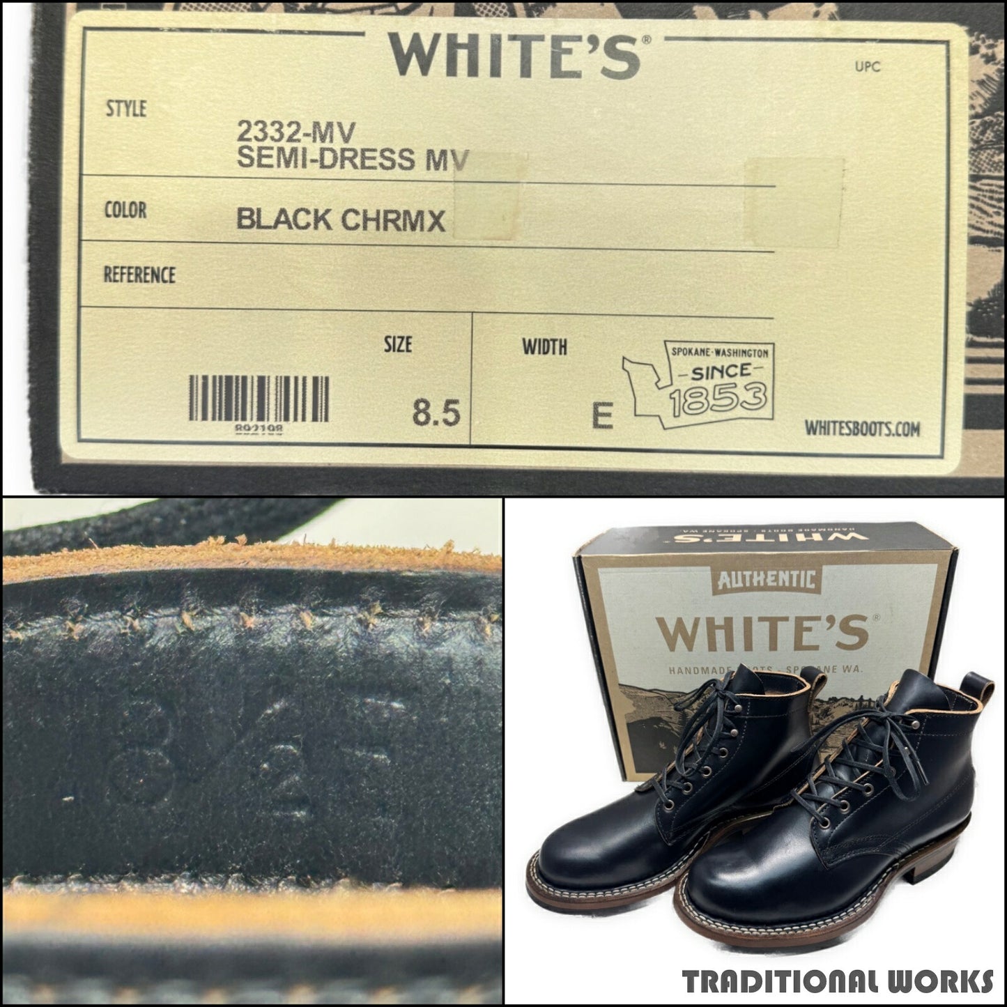 White's Boots SEMI DRESS Black Chromexcel Boots Size 8