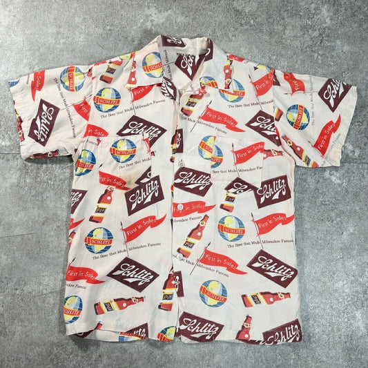 SCHLITZ BEER 50s Vintage Rayon Short Sleeve Shirt Size M