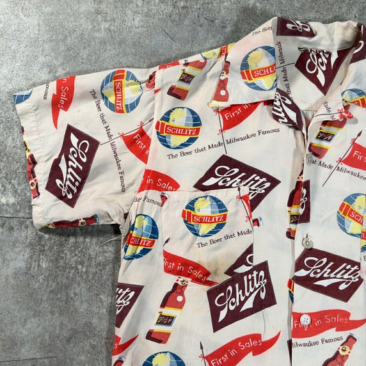 SCHLITZ BEER 50s Vintage Rayon Short Sleeve Shirt Size M