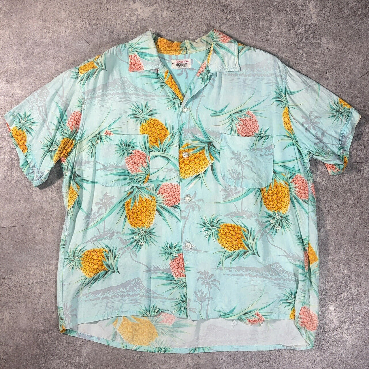 PENNEYS Vintage 60s Blue Pineapple Hawaiian Shirt Size L