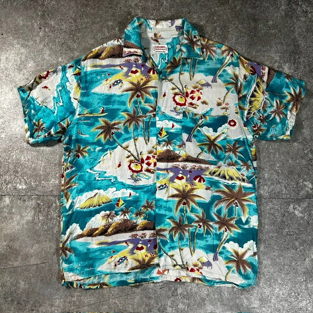 VINTAGE 60s Rayon Aloha Shirt Palm Tree Blue Size M