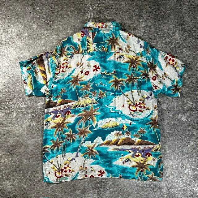 VINTAGE 60s Rayon Aloha Shirt Palm Tree Blue Size M