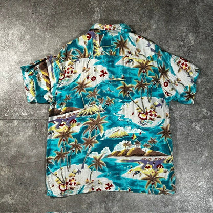 VINTAGE 60s Rayon Aloha Shirt Palm Tree Blue Size M