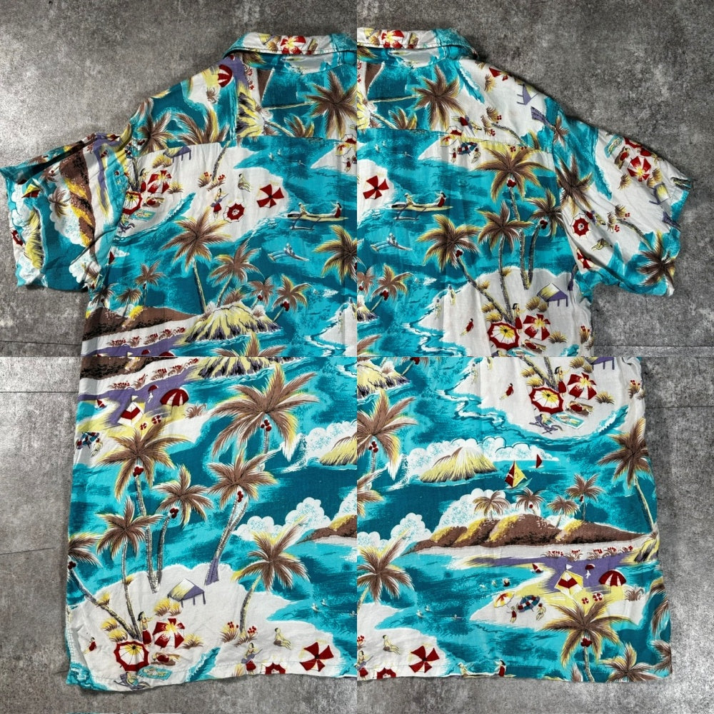 VINTAGE 60s Rayon Aloha Shirt Palm Tree Blue Size M