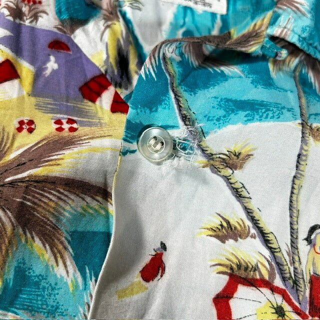 VINTAGE 60s Rayon Aloha Shirt Palm Tree Blue Size M