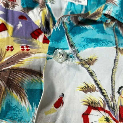 VINTAGE 60s Rayon Aloha Shirt Palm Tree Blue Size M