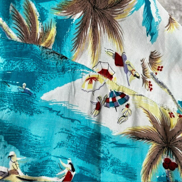 VINTAGE 60s Rayon Aloha Shirt Palm Tree Blue Size M