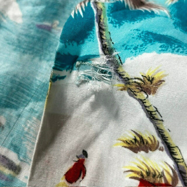 VINTAGE 60s Rayon Aloha Shirt Palm Tree Blue Size M