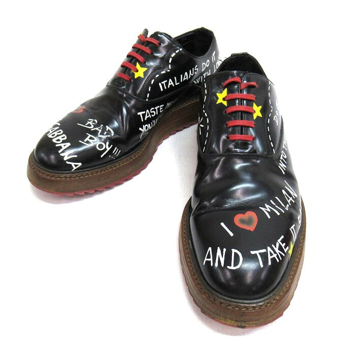 DOLCE&GABBANA Writing Painting Derby Shoes Black Sneakers Size 7 1/2