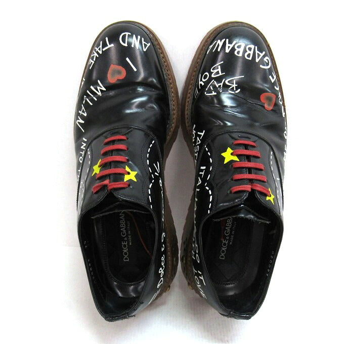 DOLCE&GABBANA Writing Painting Derby Shoes Black Sneakers Size 7 1/2