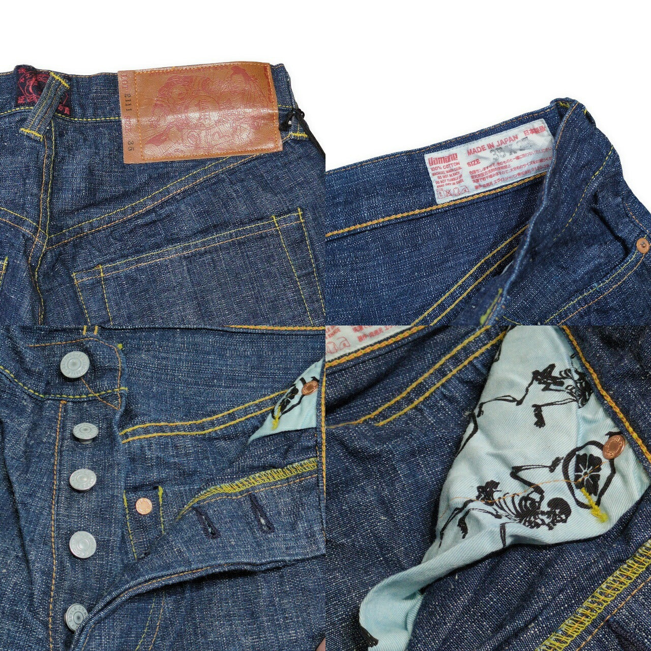 EVISU Lot.2111 Credit Leather Patch Cinch Jeans Blue Size 35