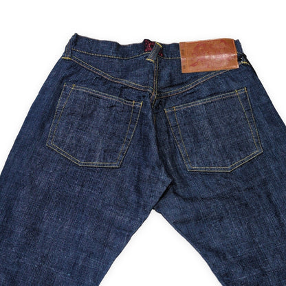EVISU Lot.2111 Credit Leather Patch Cinch Jeans Blue Size 35