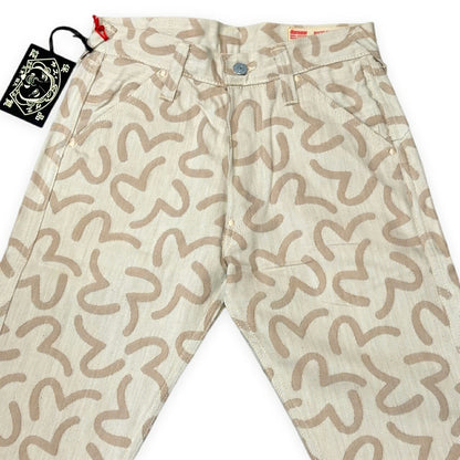 EVISU 5500 Jacquard Seagull Pattern Jeans Beige Size 28