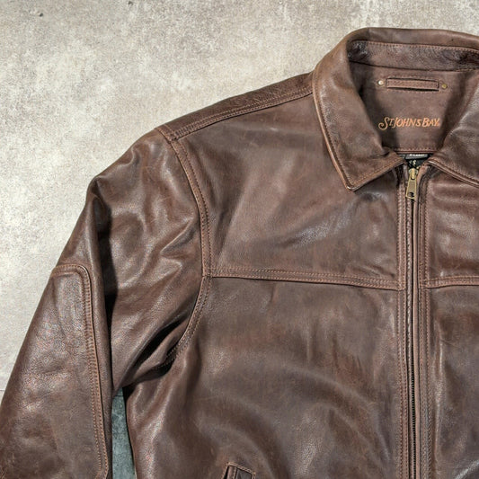 ST. JOHN'S BAY 00s Elbow Patch Leather Jacket Brown Size XL